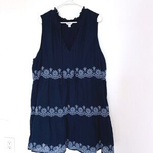 Crown & Ivy Tiered Dress 3X Plus Blue Cotton Eyelet Embroidered Tassel Boho Mini